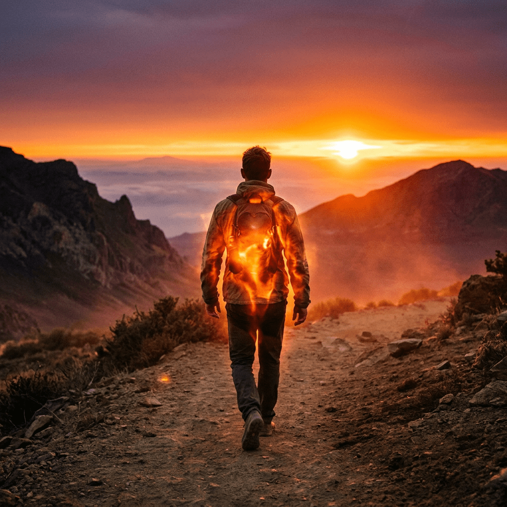Person hiking on a mountain trail at sunset with glowing light effects