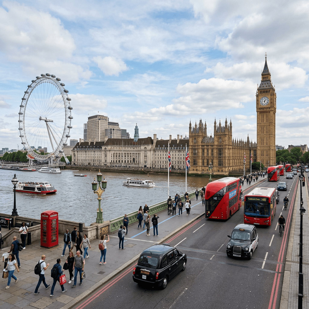 Westminster Bridge with Big Ben, London Eye, red buses, taxis, pedestrians, and Thames River boats